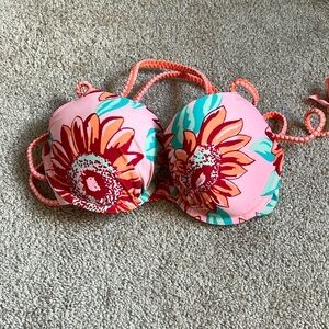 Aerie Coral Pink Sunflower Lightly Padded Bikini Top.  Size 34D